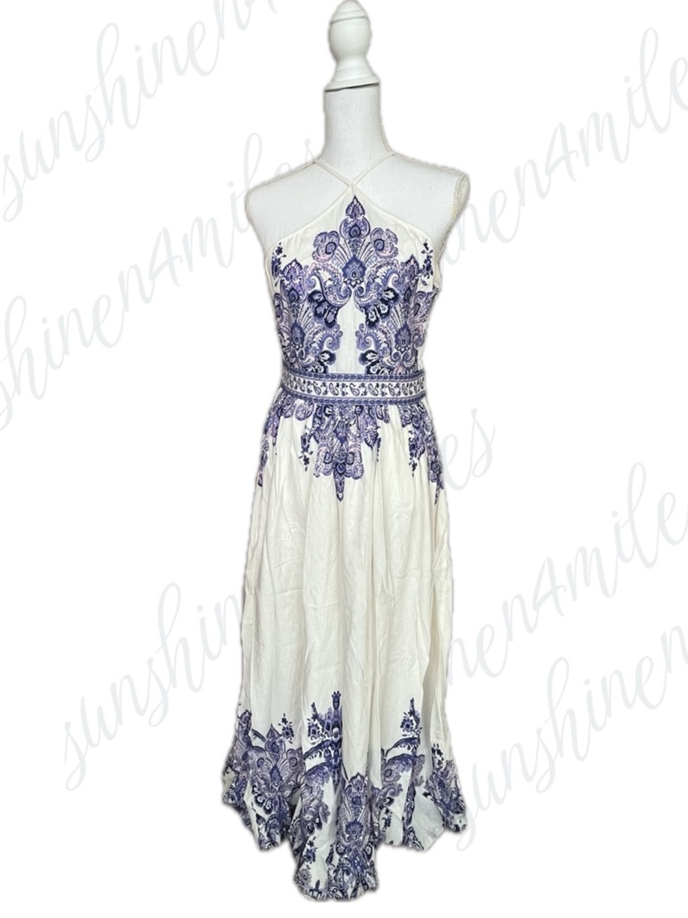 VENUS Purple-Blue Paisley Pattern White Halter-style Linen-Blend Maxi Dress sz 2